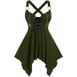 ROSE GAL Womens Plus Size Lace Up Zipper Crisscross Handkerchief Tank Top(Green_1)