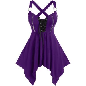 ROSE GAL Womens Plus Size Lace Up Zipper Crisscross Handkerchief Tank Top(Purple)