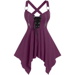 ROSE GAL Womens Plus Size Lace Up Zipper Crisscross Handkerchief Tank Top(Purple_3)