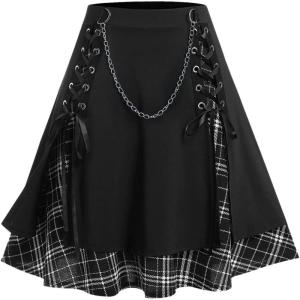 ROSE GAL Women’s Plus Size Mini A-Line Gothic Skirt Casual Plain Chain Detail High Waisted Short Stitching Plaid Pleated(Black)