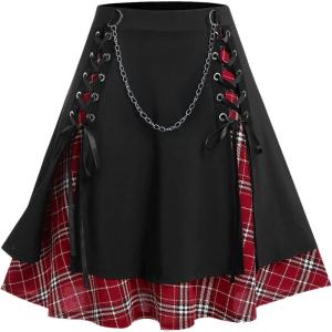 ROSE GAL Women’s Plus Size Mini A-Line Gothic Skirt Casual Plain Chain Detail High Waisted Short Stitching Plaid Pleated(Black-2)