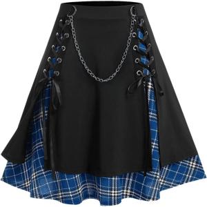 ROSE GAL Women’s Plus Size Mini A-Line Gothic Skirt Casual Plain Chain Detail High Waisted Short Stitching Plaid Pleated(Blue)