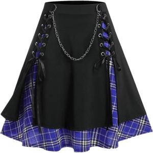 ROSE GAL Women’s Plus Size Mini A-Line Gothic Skirt Casual Plain Chain Detail High Waisted Short Stitching Plaid Pleated(Blue_1)