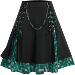 ROSE GAL Women’s Plus Size Mini A-Line Gothic Skirt Casual Plain Chain Detail High Waisted Short Stitching Plaid Pleated(Green)