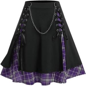ROSE GAL Women’s Plus Size Mini A-Line Gothic Skirt Casual Plain Chain Detail High Waisted Short Stitching Plaid Pleated(Purple)