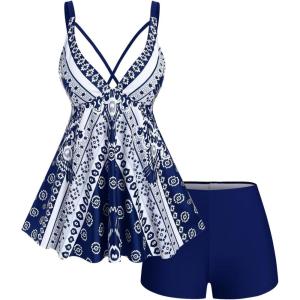 ROSE GAL Womens Plus Size Tribal Geo Print Crisscross Padded Boyshorts Tankini Swimsuit(Blue_1)
