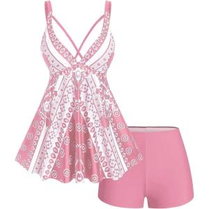 ROSE GAL Womens Plus Size Tribal Geo Print Crisscross Padded Boyshorts Tankini Swimsuit(Pink_1)