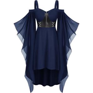 ROSE GAL Womens Plus Size Victorian Gothic Halloween Witch Renaissance Medieval Costume Cold Shoulder Dress(Blue)
