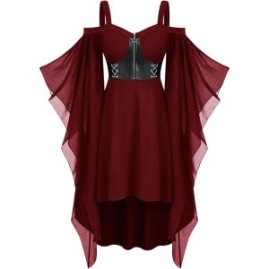 ROSE GAL Womens Plus Size Victorian Gothic Halloween Witch Renaissance Medieval Costume Cold Shoulder Dress(Red)