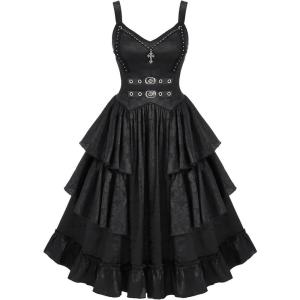 ROSE GAL Womens Plus Size Victorian Gothic Jacquard Grommets Buckle Cross Layered Sleeveless Midi Dress(Black)