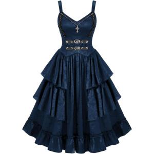 ROSE GAL Womens Plus Size Victorian Gothic Jacquard Grommets Buckle Cross Layered Sleeveless Midi Dress(Blue)