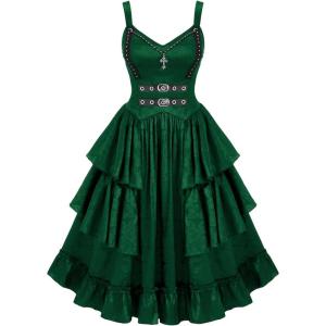 ROSE GAL Womens Plus Size Victorian Gothic Jacquard Grommets Buckle Cross Layered Sleeveless Midi Dress(Green)