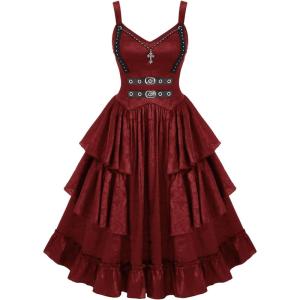 ROSE GAL Womens Plus Size Victorian Gothic Jacquard Grommets Buckle Cross Layered Sleeveless Midi Dress(Red)
