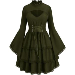 ROSE GAL Womens Plus Size Victorian Gothic Lace-up Layered Lace Trim Cutout Trumpet Sleeves Knee Length Dress(Army Green)