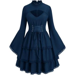 ROSE GAL Womens Plus Size Victorian Gothic Lace-up Layered Lace Trim Cutout Trumpet Sleeves Knee Length Dress(Blue)