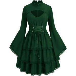 ROSE GAL Womens Plus Size Victorian Gothic Lace-up Layered Lace Trim Cutout Trumpet Sleeves Knee Length Dress(Green)