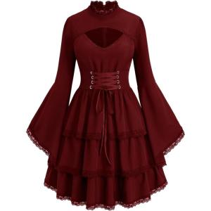 ROSE GAL Womens Plus Size Victorian Gothic Lace-up Layered Lace Trim Cutout Trumpet Sleeves Knee Length Dress(Red)