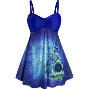 Rosegal Gothic Floral Tribal Print Empire Waist Tankini Swimsuit(Blue)