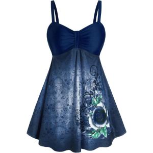 Rosegal Gothic Floral Tribal Print Empire Waist Tankini Swimsuit(Deep Blue)