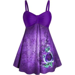 Rosegal Gothic Floral Tribal Print Empire Waist Tankini Swimsuit(Purple)