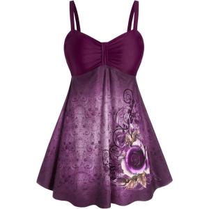 Rosegal Gothic Floral Tribal Print Empire Waist Tankini Swimsuit(Purple_10)