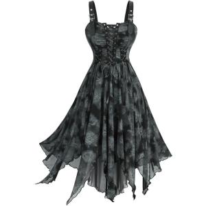 Rosegal Plus Size Halloween Costume Tie Dye Rose Print Lace-up Buckled Straps Handkerchief Hem Tank Goth Dress(Black)