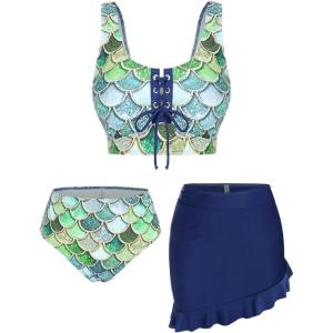 Rosegal Plus Size Women 3 Piece Tankini Swimsuit Holographic Mermaid Scale Print Lace-up Bathing Suit Swimwear(Deep Blue)