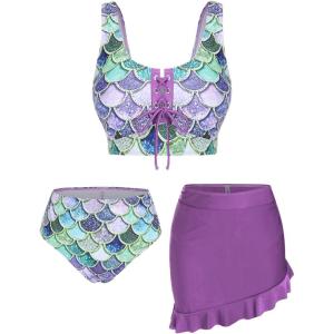 Rosegal Plus Size Women 3 Piece Tankini Swimsuit Holographic Mermaid Scale Print Lace-up Bathing Suit Swimwear(Purple)