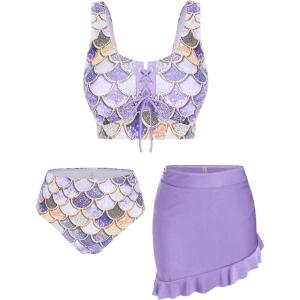 Rosegal Plus Size Women 3 Piece Tankini Swimsuit Holographic Mermaid Scale Print Lace-up Bathing Suit Swimwear(Purple_2)