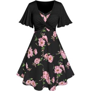Rosegal Plus Size Women Floral Sundress Set Twisted Crop Top and Cottagecore Ruffles Floral Cami Dress(Black_1)