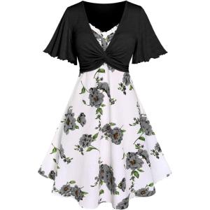 Rosegal Plus Size Women Floral Sundress Set Twisted Crop Top and Cottagecore Ruffles Floral Cami Dress(Black_2)