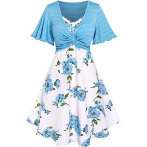Rosegal Plus Size Women Floral Sundress Set Twisted Crop Top and Cottagecore Ruffles Floral Cami Dress(Blue_1)