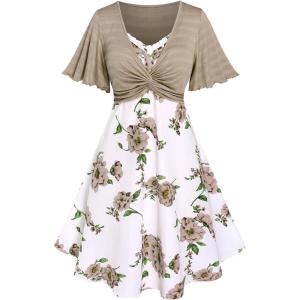Rosegal Plus Size Women Floral Sundress Set Twisted Crop Top and Cottagecore Ruffles Floral Cami Dress(Coffee_1)