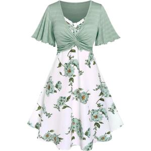 Rosegal Plus Size Women Floral Sundress Set Twisted Crop Top and Cottagecore Ruffles Floral Cami Dress(Green_1)