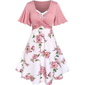 Rosegal Plus Size Women Floral Sundress Set Twisted Crop Top and Cottagecore Ruffles Floral Cami Dress(Pink_2)