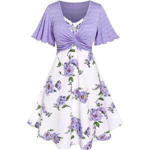 Rosegal Plus Size Women Floral Sundress Set Twisted Crop Top and Cottagecore Ruffles Floral Cami Dress(Purple_1)