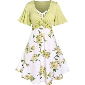 Rosegal Plus Size Women Floral Sundress Set Twisted Crop Top and Cottagecore Ruffles Floral Cami Dress(Yellow_1)