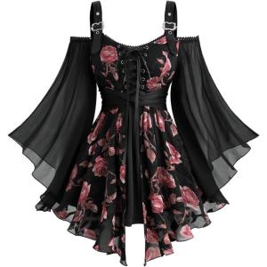 Rosegal Plus Size Women Gothic T-Shirt 2 in 1 Top Cold Shoulder Chiffon Bell Sleeves Rose Flower Print Lace Up Flowy Top(Black)
