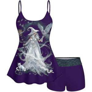 Rosegal Plus Size Women Gothic Tummy Control Modest Tankini Swimsuit Fairy Cat Print Boyleg Padded Tankini Swimwear(Purple_1)