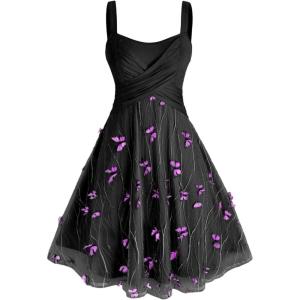 Rosegal Plus Size Women Summer Casual Sundress Tulle Butterfly Overlay Knee-Length A Line Dress Twist Swing Dress(Black_1)