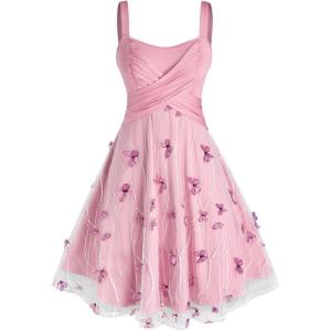 Rosegal Plus Size Women Summer Casual Sundress Tulle Butterfly Overlay Knee-Length A Line Dress Twist Swing Dress(Pink_1)
