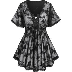 Rosegal Plus Size Womens V Neck Butterfly Lace Overlay Lace-up 2 in 1 Blouse Short Flutter Sleeve Flowy Top(Black_1)