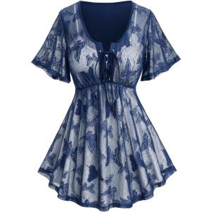 Rosegal Plus Size Womens V Neck Butterfly Lace Overlay Lace-up 2 in 1 Blouse Short Flutter Sleeve Flowy Top(Blue)