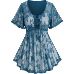 Rosegal Plus Size Womens V Neck Butterfly Lace Overlay Lace-up 2 in 1 Blouse Short Flutter Sleeve Flowy Top(Blue_2)