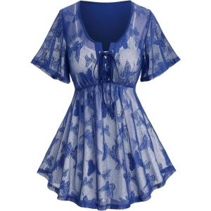 Rosegal Plus Size Womens V Neck Butterfly Lace Overlay Lace-up 2 in 1 Blouse Short Flutter Sleeve Flowy Top(Blue_3)
