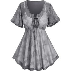 Rosegal Plus Size Womens V Neck Butterfly Lace Overlay Lace-up 2 in 1 Blouse Short Flutter Sleeve Flowy Top(Gray)