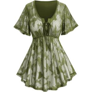 Rosegal Plus Size Womens V Neck Butterfly Lace Overlay Lace-up 2 in 1 Blouse Short Flutter Sleeve Flowy Top(Green)