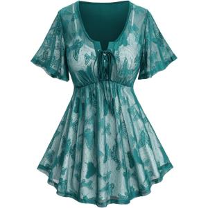 Rosegal Plus Size Womens V Neck Butterfly Lace Overlay Lace-up 2 in 1 Blouse Short Flutter Sleeve Flowy Top(Green_1)