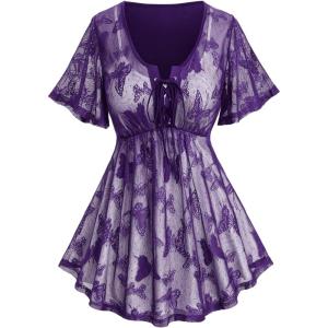 Rosegal Plus Size Womens V Neck Butterfly Lace Overlay Lace-up 2 in 1 Blouse Short Flutter Sleeve Flowy Top(Purple)