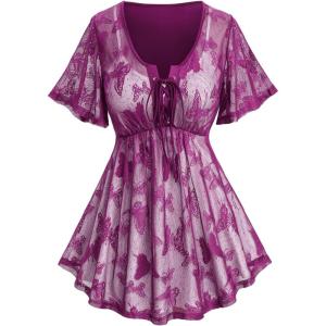 Rosegal Plus Size Womens V Neck Butterfly Lace Overlay Lace-up 2 in 1 Blouse Short Flutter Sleeve Flowy Top(Purple_1)
